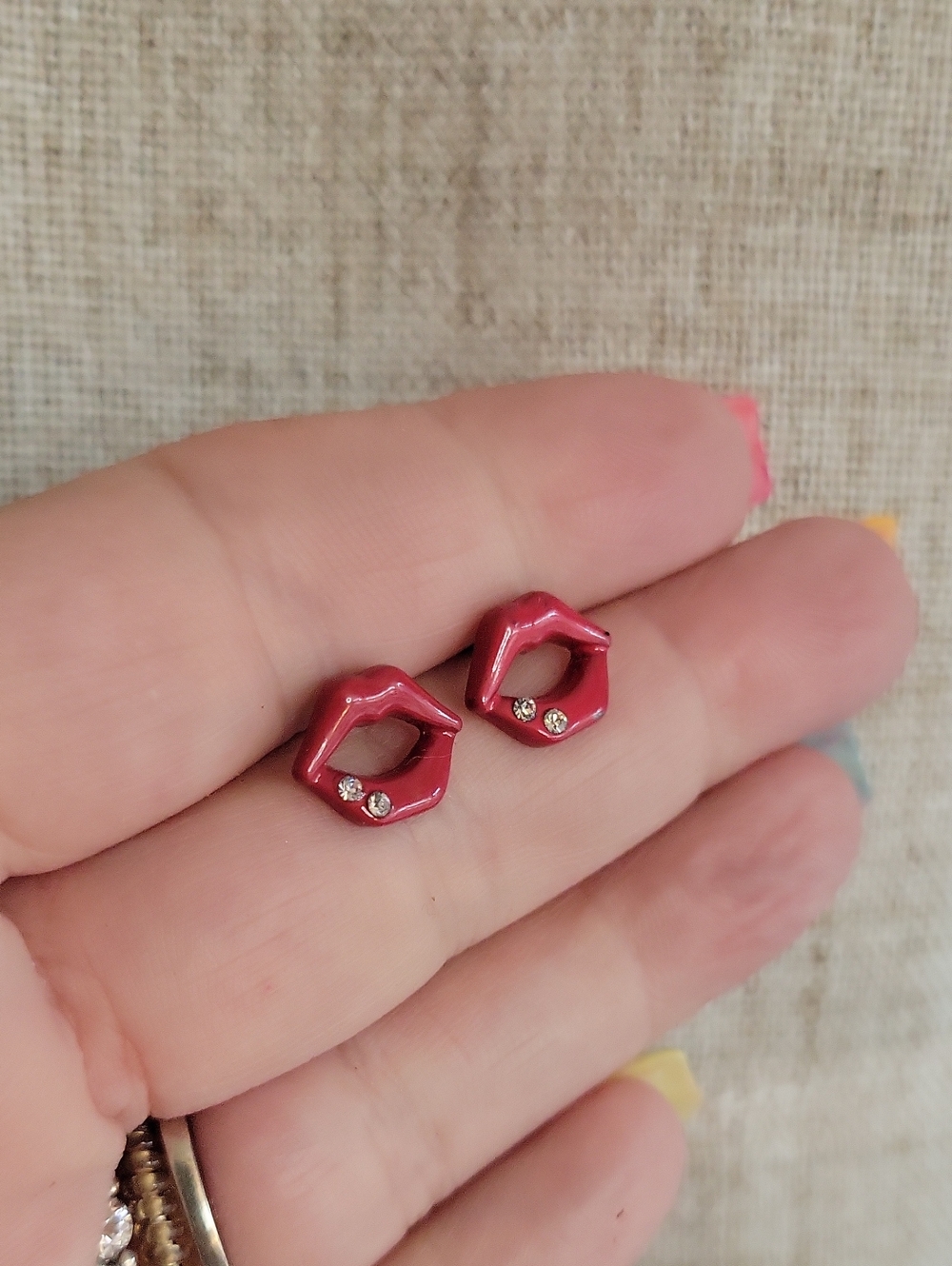 Red Lip Stud Earrings with Crystal Accents - Women Jewelry